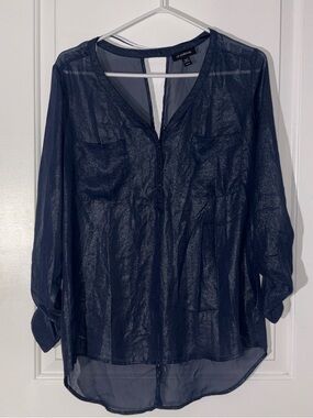 le chateau Sheer Navy Button-Front Blouse